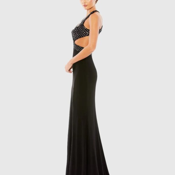 NWT | Mac Duggal‎ 68166 Black Deep V Cut Out Criss Cross Floral Sequin Gown 6 - Picture 4 of 9